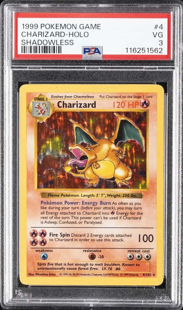 1999 POKEMON BASE SET SHADOWLESS #4 CHARIZARD-HOLO PSA 3