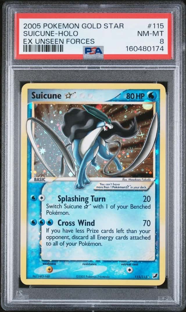 Pokemon Suicune Gold Star Holo EX Unseen Forces 115/115 PSA 8