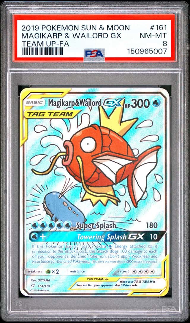 2019 POKEMON SUN & MOON TEAM UP #161 FULL ART/MAGIKARP & WAILORD GX PSA 8