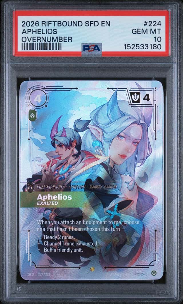 Riftbound League Of Legends Aphelios Exalted Spiritforged 224 Overnumber PSA 10