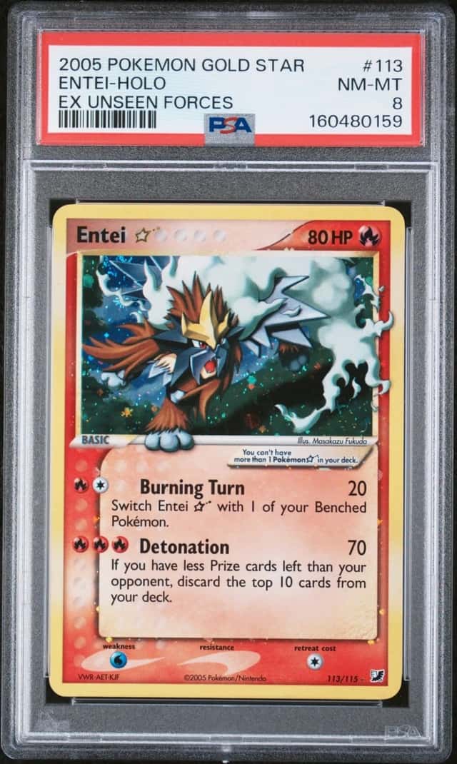 Pokemon Entei Gold Star Holo EX Unseen Forces 113/115 PSA 8