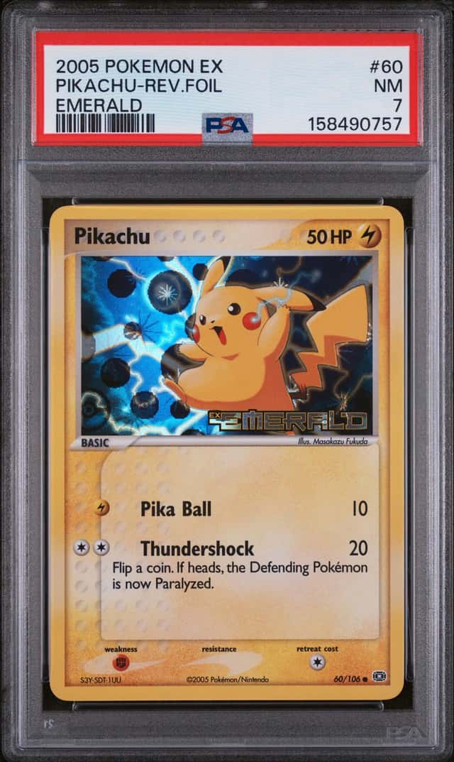 2005 POKEMON EX EMERALD #60 PIKACHU-REVERSE FOIL PSA 7  “STAMPED EMERALD”