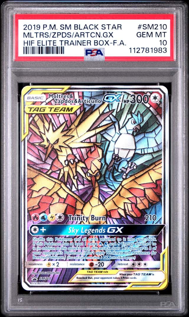 2019 Pokemon SM BDP HIF ETB #SM210 FA Moltres Zapdos Articuno GX PSA 10