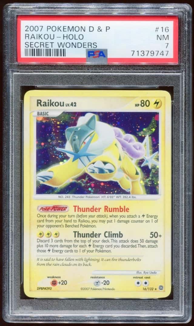 2007 POKEMON D&P SECRET WONDERS RAIKOU #16/132 HOLO FOIL BLEED PSA 7 E7