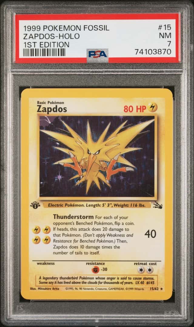 1999 POKEMON FOSSIL #15 ZAPDOS-HOLO 1ST EDITION PSA 7