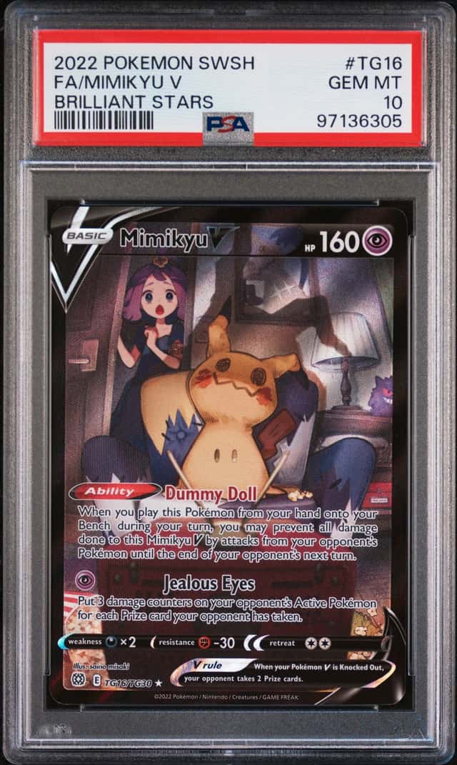 2022 POKEMON SWORD & SHIELD BRILLIANT STARS #TG16 FA/MIMIKYU V PSA 10