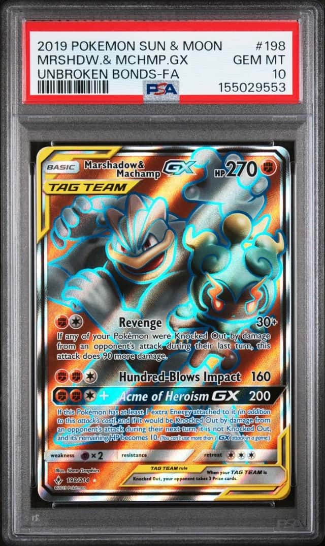 2019 POKEMON SUN & MOON UNBROKEN BONDS FULL ART/MARSHADOW & MACHAMP GX PSA 10