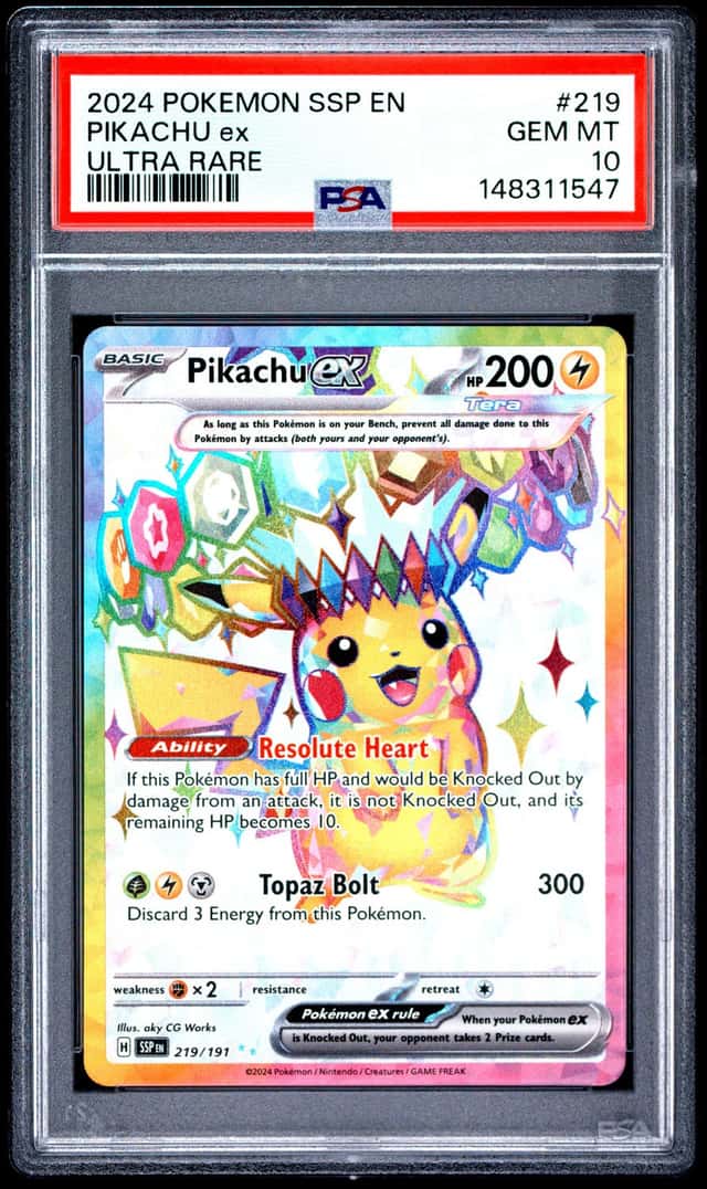 Pikachu ex SV08: Surging Sparks 219/191 PSA 10 Gem Mint Ultra Rare Pokemon Card
