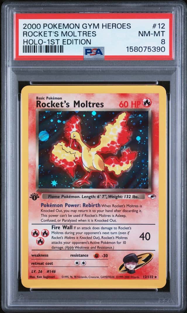 ROCKET'S MOLTRES HOLO-1ST EDITION POKEMON GYM HEROES 2000 12 PSA 8