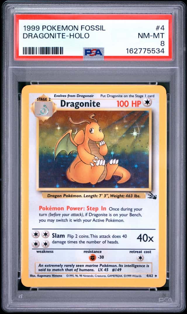 1999 POKEMON FOSSIL #4 DRAGONITE-HOLO PSA 8