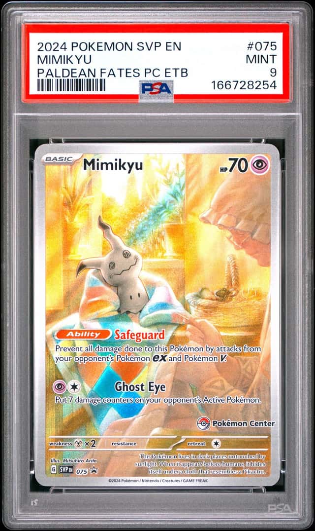 2024 POKEMON PALDEAN FATES POKEMON CENTER ETB PROMO #075 MIMIKYU PSA 9