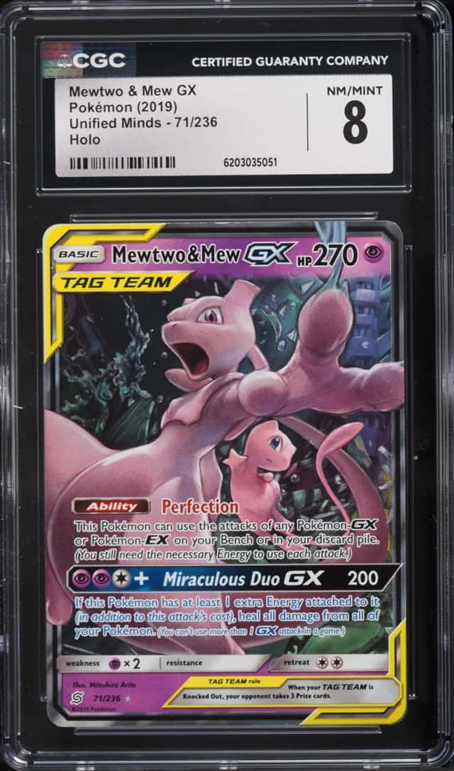 2019 Pokemon Sun & Moon Unified Minds Holo Mewtwo & Mew GX #71 CGC 8 NM-MT