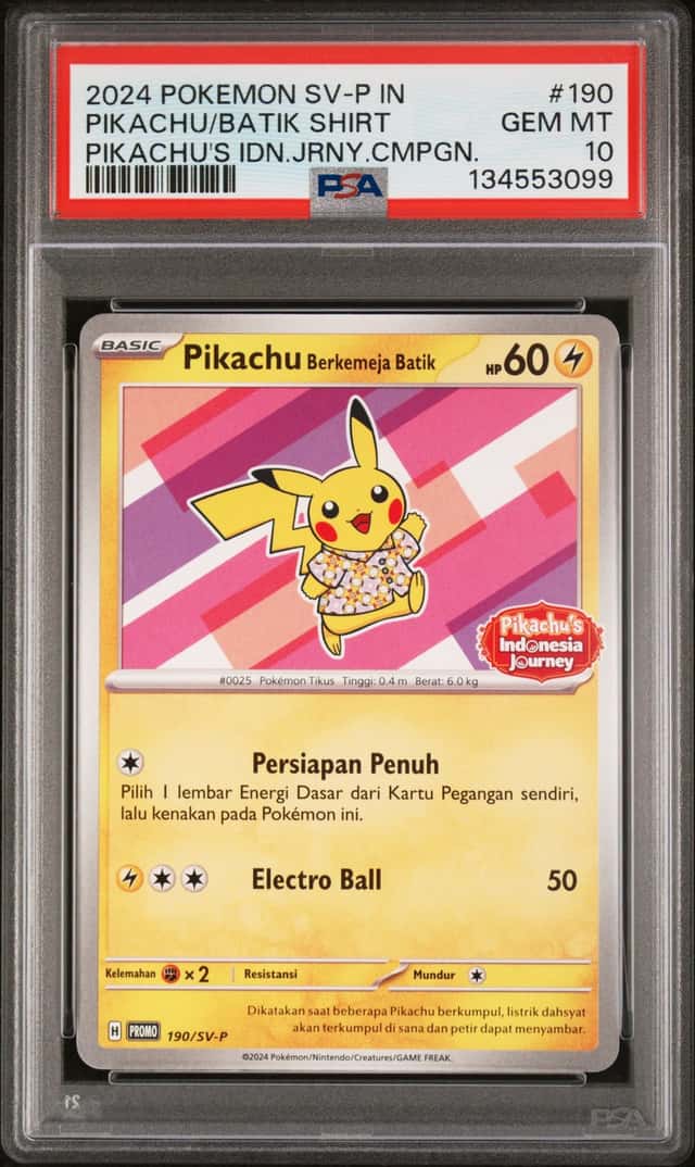 Nintendo Pokemon TCG Pikachu Batik Shirt 190/SV-P PSA 10 Indonesian Holo Promo