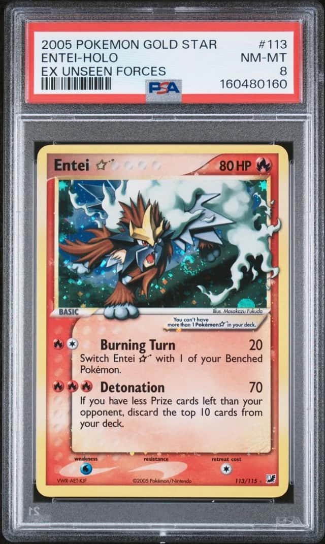 Pokemon Entei Gold Star Holo EX Unseen Forces 113/115 PSA 8