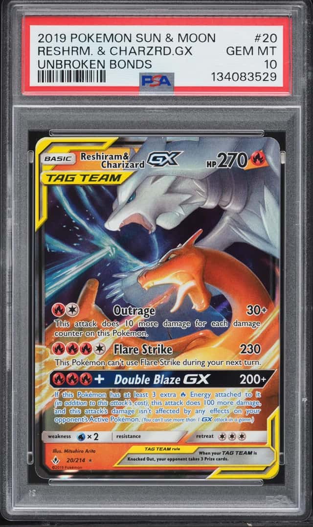 2019 Pokemon Sun & Moon Unbroken Bonds Holo Reshiram & Charizard GX #20 PSA 10 GEM MINT