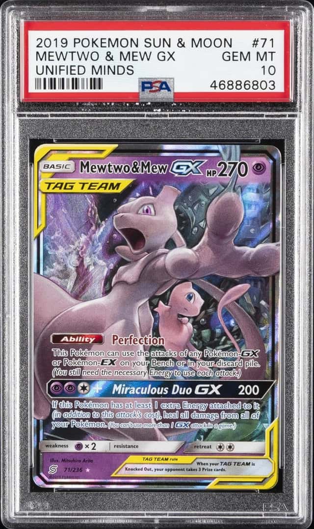 2019 POKEMON SUN & MOON UNIFIED MINDS #71 MEWTWO & MEW GX PSA 10