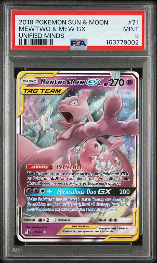 2019 Pokemon Sun & Moon Unified Minds Mewtwo Mew Tag Team Rare #71/236 PSA 9