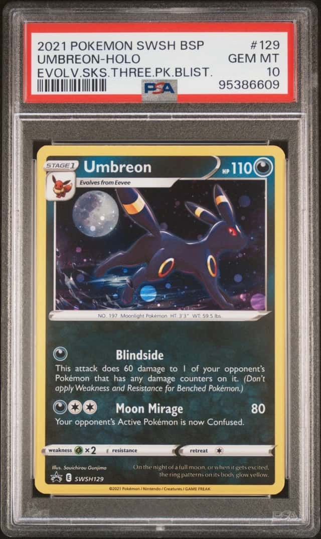 Pokemon Umbreon Holo Swsh Promo 129/203 Evolving Skies Three Pk. Blisters PSA 10