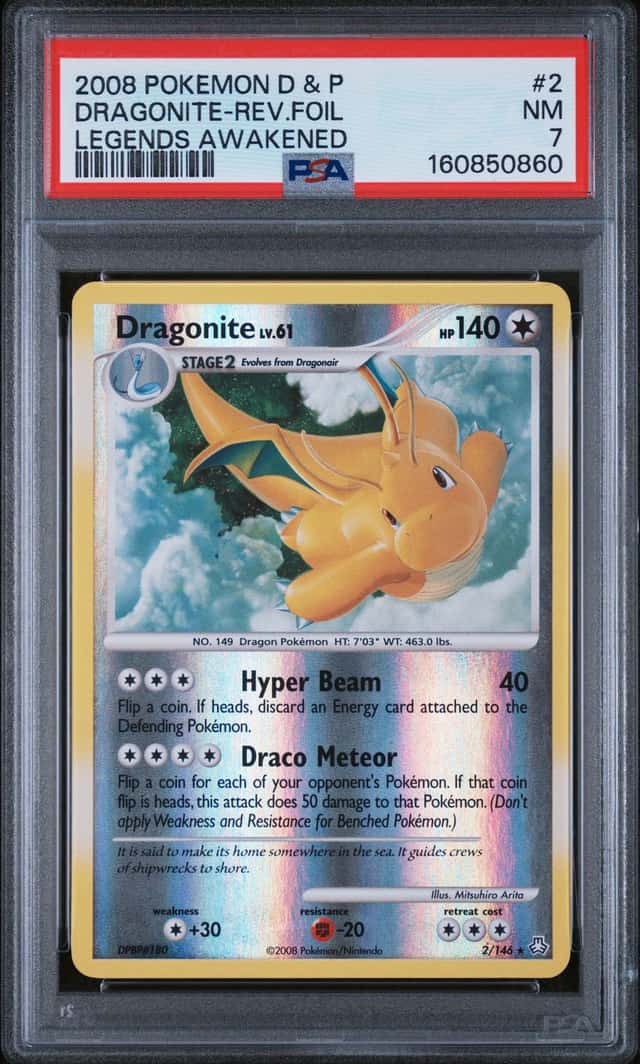 2008 Pokemon D & P Legends Awakened #2 Dragonite Reverse Foil PSA 7 NM
