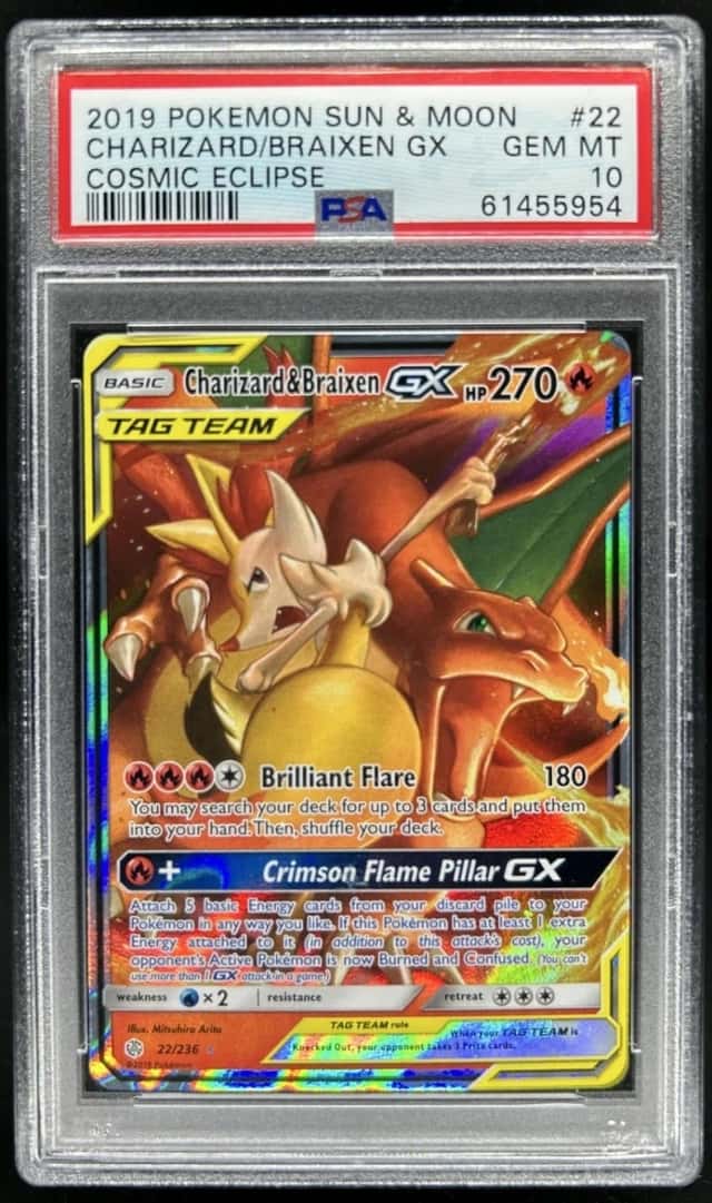 2019 Pokemon Sun & Moon Cosmic Eclipse Charizard Braixen Tag Team #22/236 PSA 10