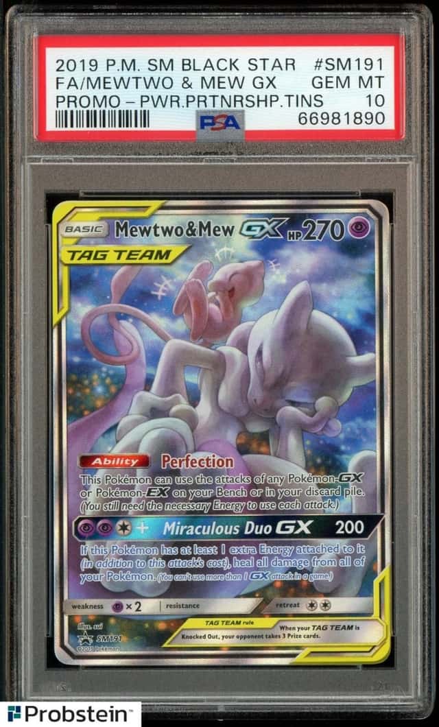 2019 Pokemon SM BSP Power Partnership Tins #SM191 FA Mewtwo & Mew GX PSA 10