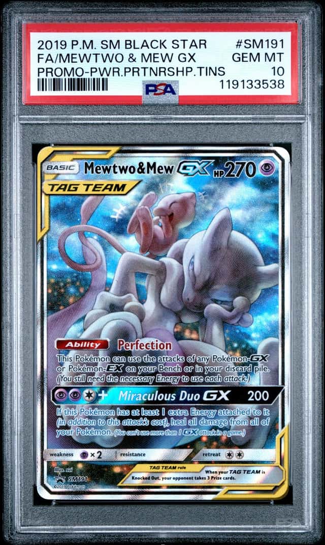 2019 Pokemon SM BSP Power Partnership Tins #SM191 FA Mewtwo & Mew GX PSA 10