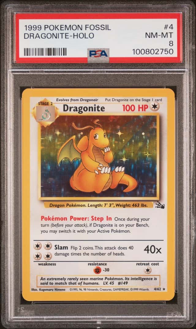 1999 POKEMON FOSSIL #4 DRAGONITE-HOLO PSA 8 NM-MT
