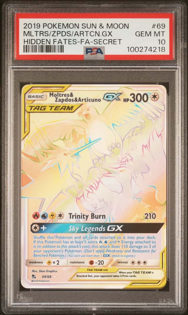 POKÉMON TCG MOLTRES & ZAPADOS & Articuno Gx Psa 10 Rainbow Rare 2019 Sun & Moon