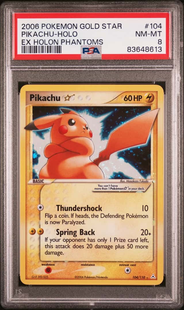 POKEMON GOLD STAR PIKACHU 2006 HOLO EX HOLON PHANTOMS #104 PSA 8 *SWIRL*