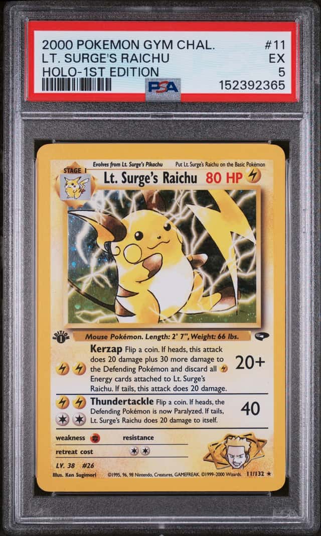 2000 POKEMON GYM CHALLENGE HOLO-1ST EDITION #11 LT. SURGE'S RAICHU PSA 5