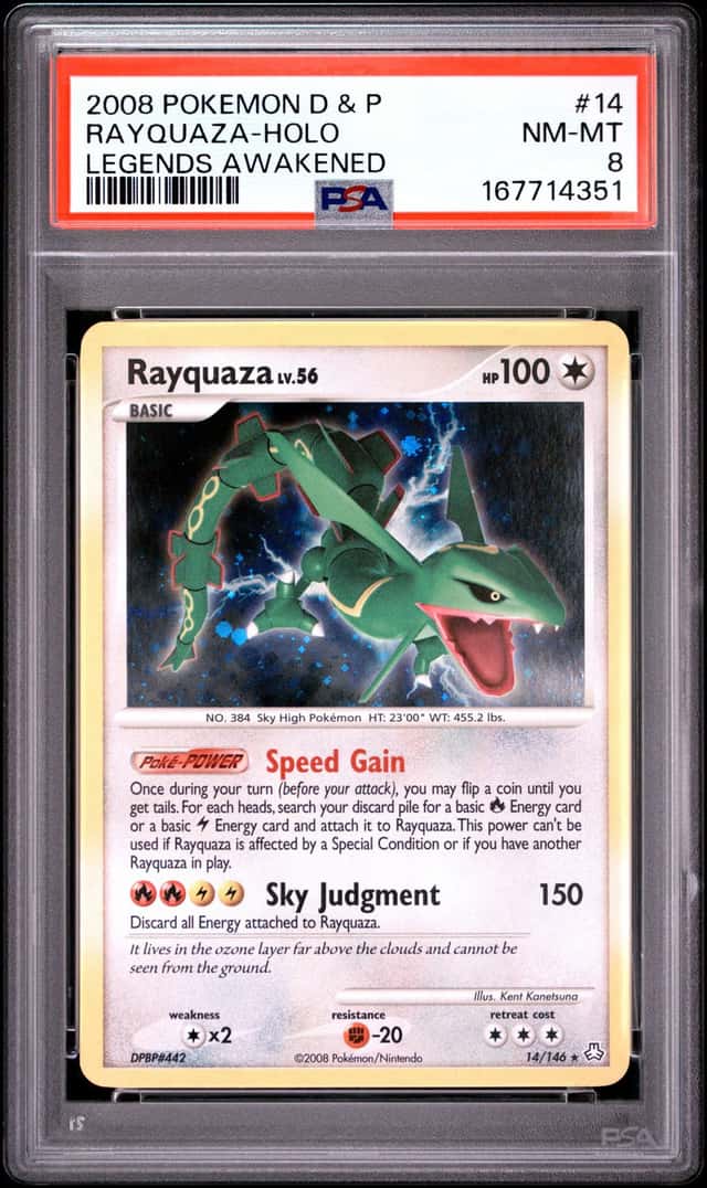 2008 POKEMON DIAMOND & PEARL LEGENDS AWAKENED #14 RAYQUAZA-HOLO PSA 8