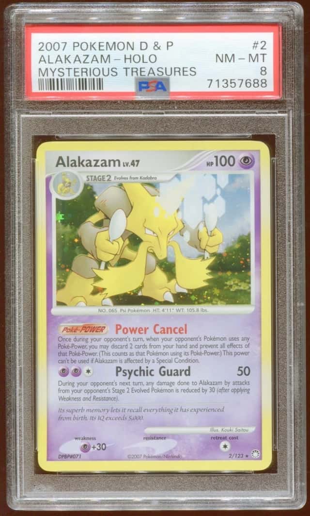 2007 POKEMON D & P MYSTERIOUS TREASURES ALAKAZAM LV. 47 #2/123 HOLO PSA 8 E9