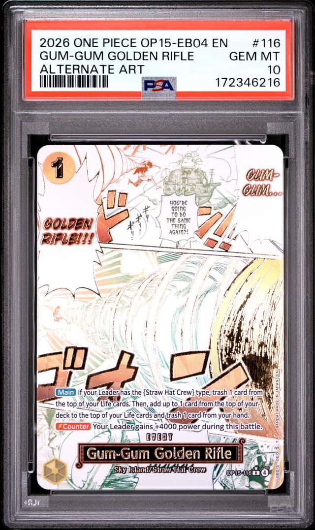 2026 ONE PIECE OP15-EB04-ADVENTURE ON KAMI'S ISLAND GUM-GUM GOLDEN RIFLE PSA 10