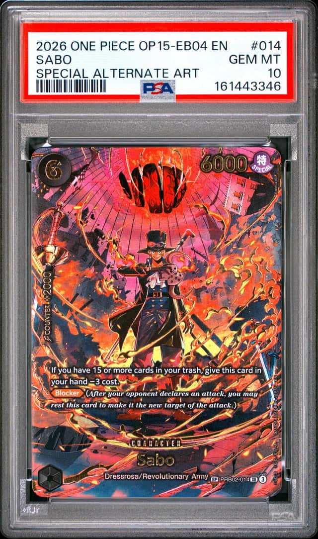2026 ONE PIECE OP15-EB04-ADVENTURE ON KAMI'S ISLAND SPECIAL ALT ART SABO PSA 10