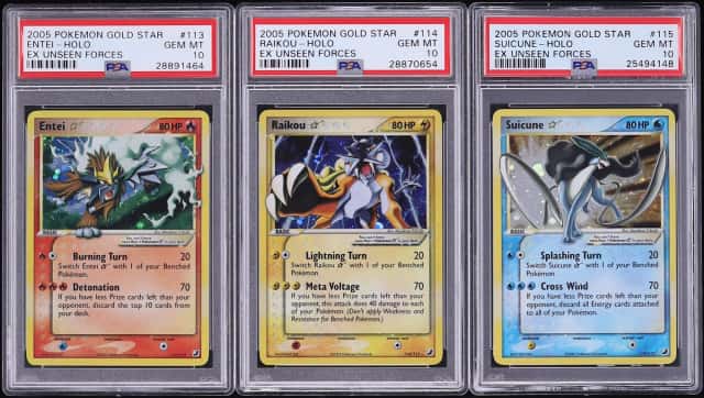 Lot(3) 2005 Pokemon EX Unseen Forces Holo Entei Raikou Suicune Gold Star, ALL PSA 10 GEM MINT