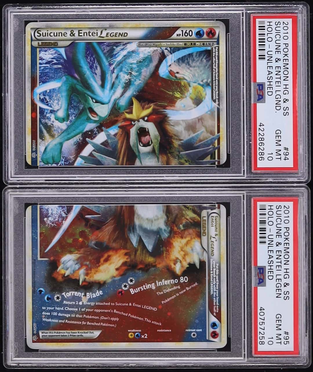 Lot(2) 2010 Pokemon HGSS Unleashed Holo Suicune & Entei LEGEND #94-95 ALL PSA 10 GEM MINT Top PSA Population 1 of 47, Bottom PSA Population 1 of 15