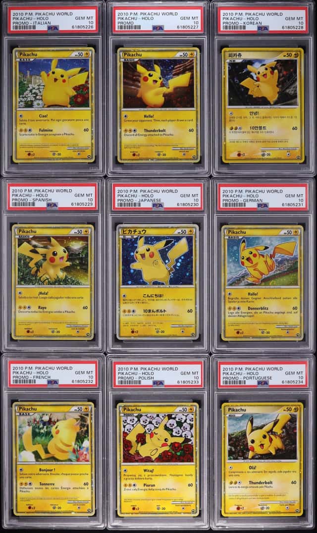 Lot(9) 2010 Pokemon World Promo All Languages Holo Pikachu PSA 10 GEM MINT ALL