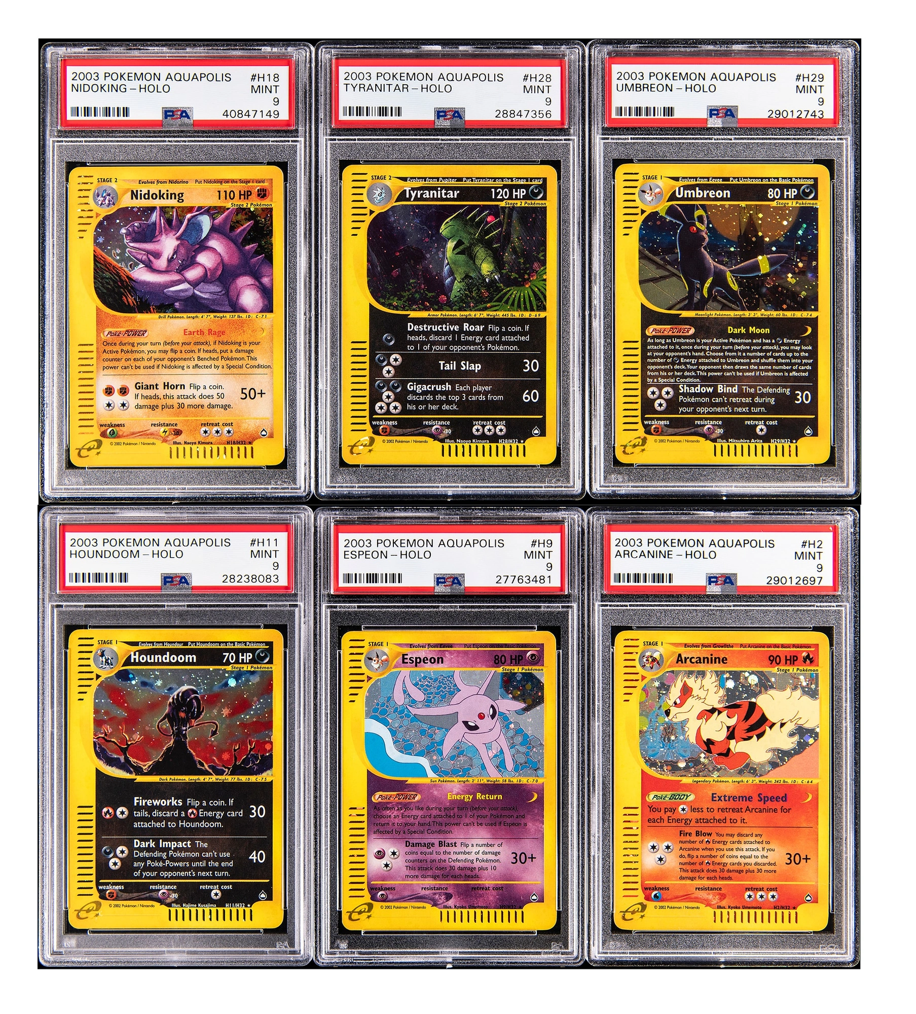 2003 Pokemon Aquapolis PSA-Graded MINT 9 Holo Cards Collection (32 Different) - Featuring Umbreon, Tyranitar, Nidoking Cards