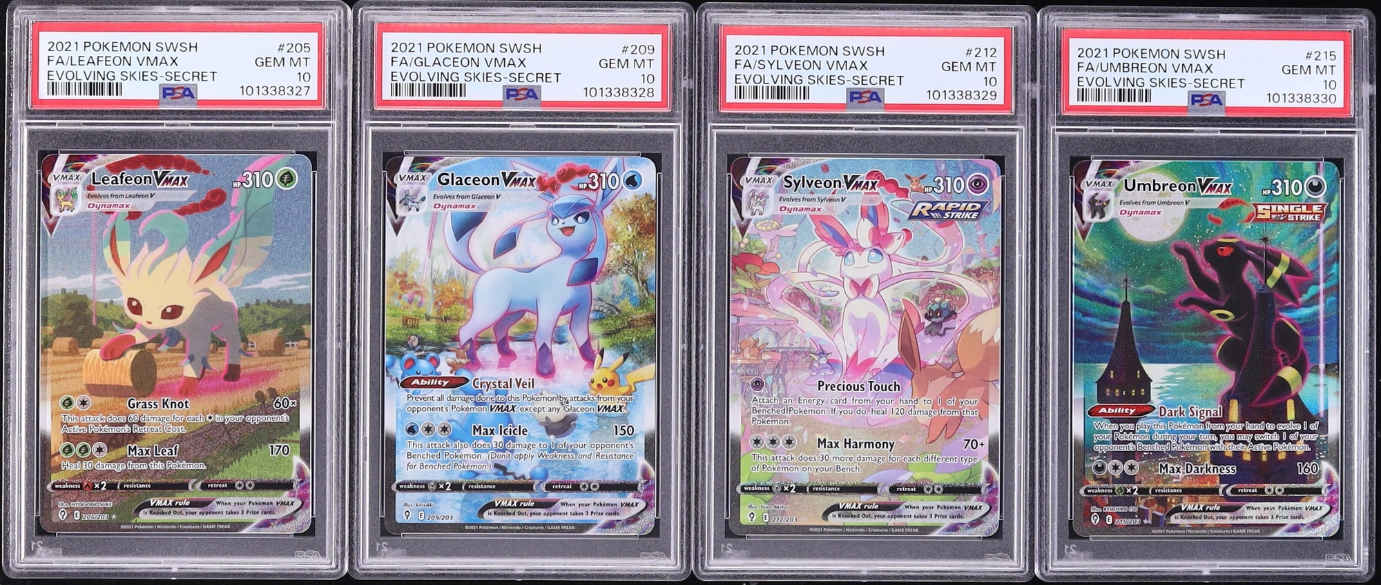 Lot (4) Pokemon SWSH Evolving Skies Alt Art Leafeon Glaceon Sylveon Umbreon VMAX PSA 10 ALL
