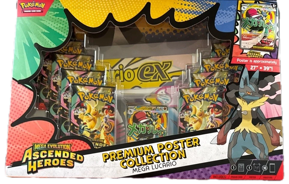 Ascended Heroes Mega Lucario Premium Poster Collection And First Partners Deluxe Pin Collection Collection Box